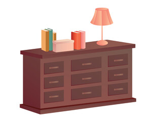 Bedroom furniture of colorful set. A creatively designed chest in a cartoon style brings a playful and lively atmosphere to bedroom interiors, enhancing the overall design. Vector illustration.