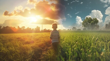 Climate Change Impact Visualized with a Child Contemplating Future Environmental Challenges, with a Lush Green Field Bathed in Sunshine.