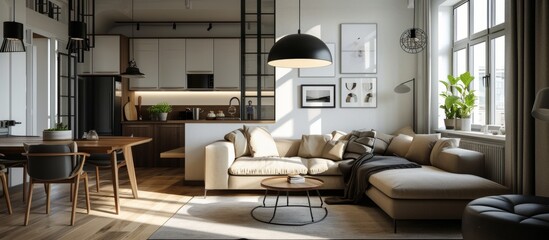 Modern living room interior with comfortable couch and stylish coffee table