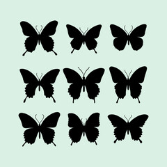 Butterfly black silhouette set. Different types of flying butterfly icons and vector illustration