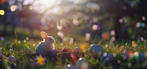 Easter Bunny with Eggs in the Grass, with Spring Sunshine - defocused nature background - obrazy, fototapety, plakaty