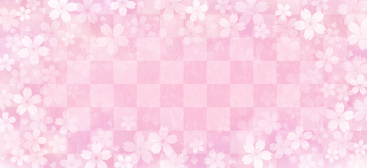 和紙質感の桜の花と市松模様の和風の背景、ピンク