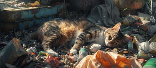 Whiskered feline peacefully napping on top of a mound of litter