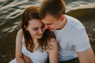 Fototapeta premium Soulful Connection: Young Lovers Embracing Waterside