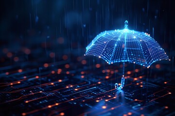 An umbrella in a digital backdrop with empty space a concept of shield in technology, Generative AI.