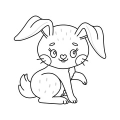 Cute rabbit. Cartoon easter Bunny. Kawaii bunny sitting. Coloring page for kids and adults. Line art Vector illustration.