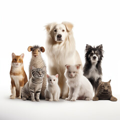 A bunch of adorable cats and puppies posing together on a white background