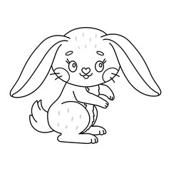Cute rabbit. Cartoon easter Bunny. Kawaii bunny sitting. Coloring page for kids and adults. Line art Vector illustration.