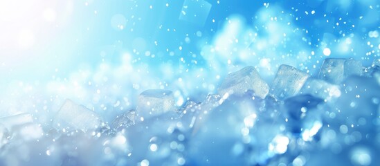 Icy Elegance. Water Ice Cube Pattern Background with Blurred Blue Sky and Clouds, Perfect as a Winter Wallpaper or Summer Banner Backdrop. - obrazy, fototapety, plakaty