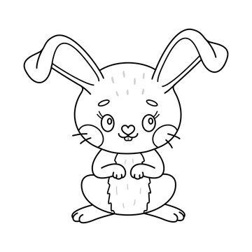 Cute rabbit. Cartoon easter Bunny. Kawaii bunny sitting. Coloring page for kids and adults. Line art Vector illustration.