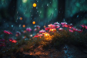 Night forest fireflies glow in the raindrops