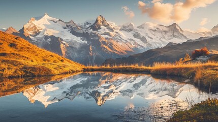Golden Hour Over Mountain Peaks with River Flowing Through Rocky Landscape