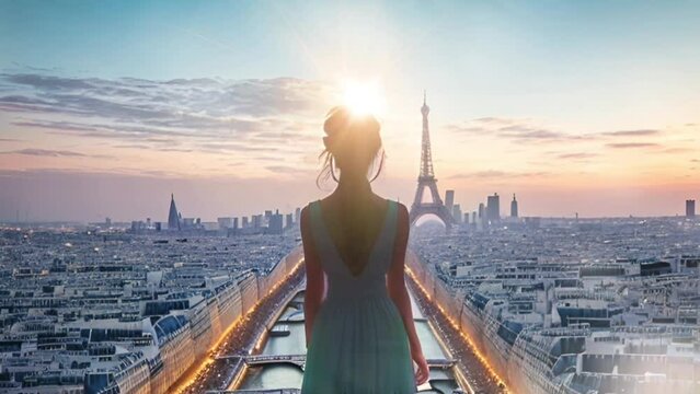 A woman gazes in awe at the Eiffel Tower, Colosseum, Great Wall of China, and cherry blossoms, reflecting the beauty and wonders from around the world. Seamless looping time-lapse   Generated AI