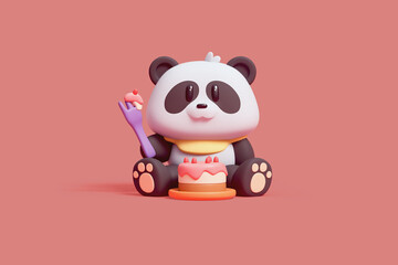 Cute happy funny cartoon panda girl with a yellow bib sits, holds a purple fork in her hand, eats a pink drip milk chocolate cake decorated with cream on an orange plate. 3d render in pastel colors. © roman3d