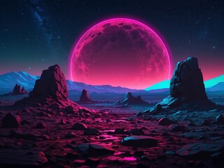 Abstract neon background with geometric shape, Beautiful frame and extraterrestrial landscape under the night sky 