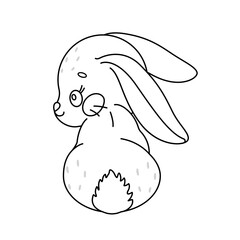 Cute rabbit. Kawaii bunny Sitting, rear view. Cartoon easter Bunny. Coloring page for kids and adults. Line art Vector illustration.