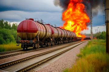 Fototapeta premium Unleashing Hell: Train Derailment Triggers Chemical Inferno