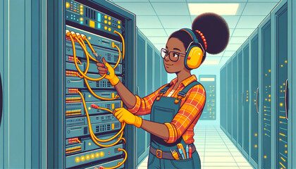 black female technician plugging cables into a server rack