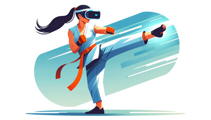 woman wearing VR goggles performing a karate leg kick in a virtual reality environment