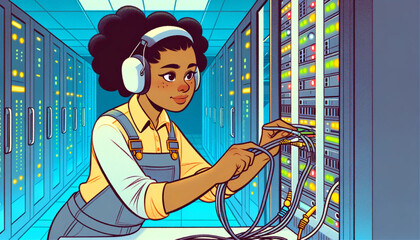 young female technician plugging cables into a server room