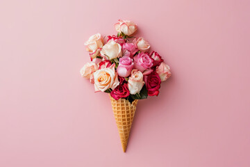 Waffle cone with rose blossoms inside, pink background - 736255430