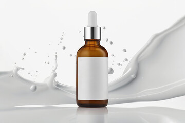 Cosmetic product glass bottle with pipette on milk splashes background