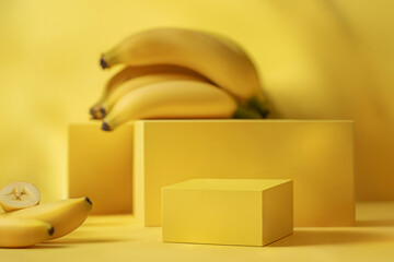 Yellow mockup with rectangular podiums and fresh bananas for cosmetic products - 736255661