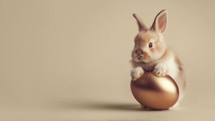 Ginger bunny holding golden egg on beige background. Easter concept, copy space.