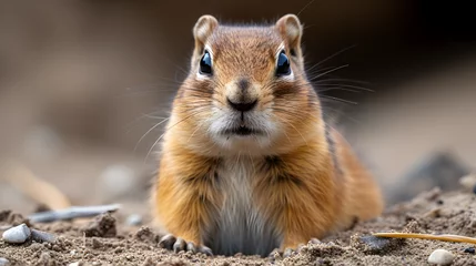 Foto op Canvas A curious eastern chipmunk explores the great outdoors, its fluffy brown fur blending in with the terrestrial animals as it scurries along the ground like a miniature antelope © Daniel