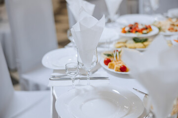 Top view of a beautifully decorated table with delicious food. Everything is ready for lunch or dinner with delicious snacks and a cozy atmosphere.