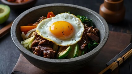 Bibimbap is a traditional Korean dish made with fried egg, meat, and veggies.