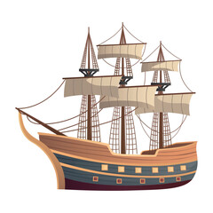 Ship of colorful set. The illustration beautifully blends intricate design elements with a vibrant cartoon style, depicting a colorful ship with billowing sails. Vector illustration.