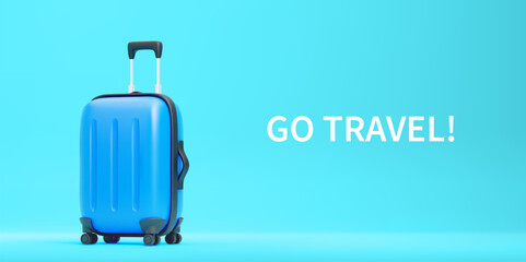 Go Travel Concept. 3D Cute Cartoon Plastic Blue Suitcase on Turquoise Background. Design Element for Travel, Adventure, Tourism, Trip Concept. Vector Illustration of 3D Render.