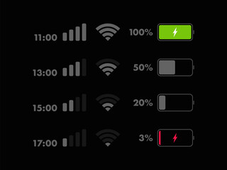 Phone life bar status. Mobile indicator of time, wifi signal, level of mobile communication and battery level of charge. Icons for UI, UX design. Vector illustration