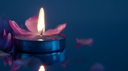 Burning blue candle flower on blue background