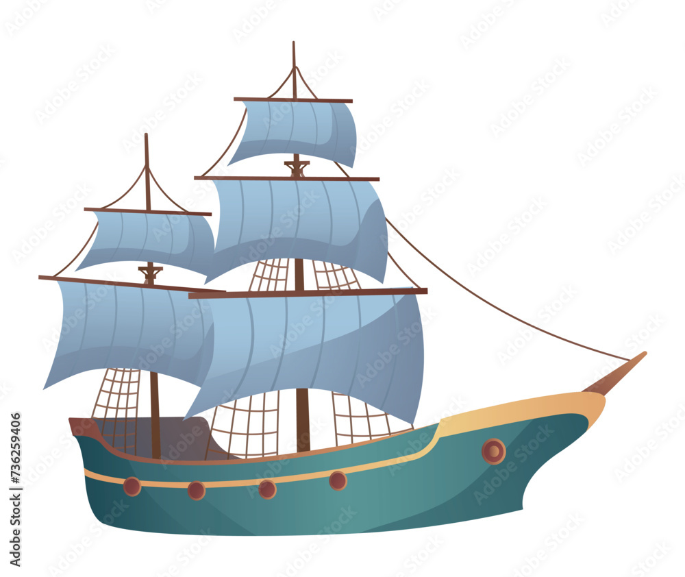 Poster ship of colorful set. huge sails emphasize the theme of the sea and the ocean adventures in this ima
