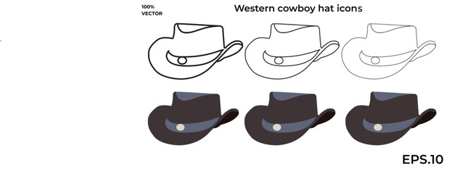 A set of outline and vector black Western cowboy hat icons