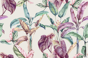 Seamless pattern of tropical plant,palm and flowers painted in watercolor.For fabric luxurious and wallpaper, vintage style.Botanical floral pattern.Tropical background