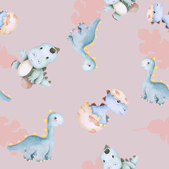 Childish seamless pattern with colorful dinosaurs pink background.Ideal for baby clothes, textiles, wallpaper, wrapping paper.Cute animal pattern background.