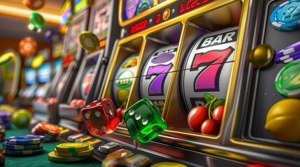 casino slot machine and with dices, chips and tokens, concept image for gambling
