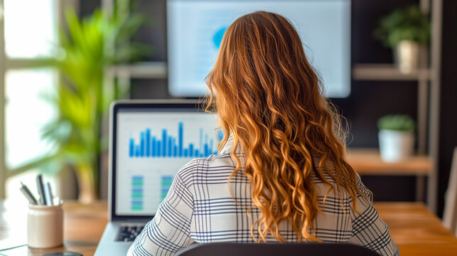 Rear view woman office worker financial analyst working on her laptop in the office, analyzes the economic performance of the company.