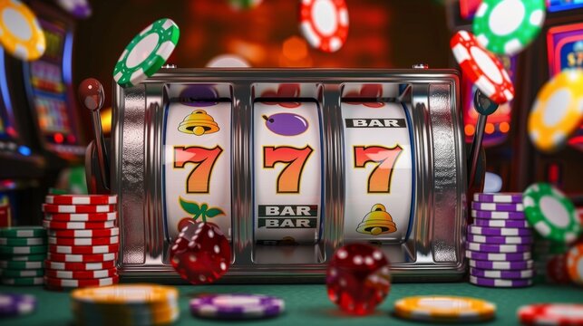 casino slot machine and with dices, chips and tokens, concept image for gambling
