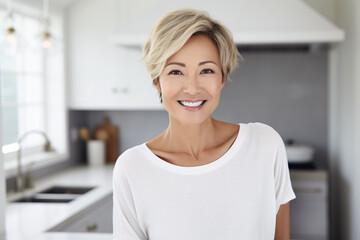 Middle-aged smiling Asian woman with short blond hair with blurry kitchen in background