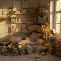 Depict serene reading corners with stacks of books.