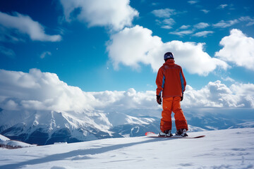 snowboarder in front of a snowy alps panorama, blue sky, cumulus clouds