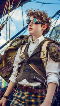 Young man climbs into the airship cabin to fly to school, steampunk style concept, back to school vertical poster