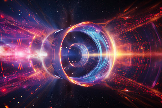 Wormhole connecting two different points in the universe, a bright tunnel of energy between two disparate cosmic landscapes, emphasizing the bridge-like nature of wormholes in theoretical physics