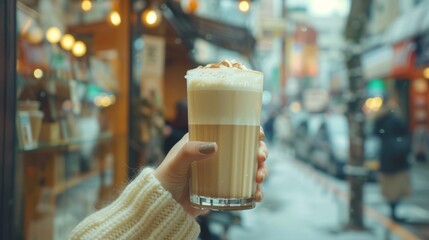 glass of coffee Latte on moring in cafe. - obrazy, fototapety, plakaty