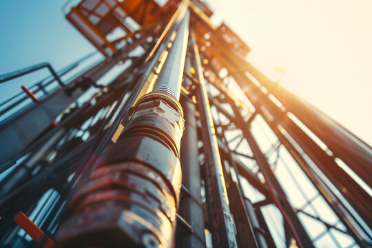 Close-up of the drill tower on a land-based drilling rig, focusing on the machinery and drill pipes, a clear blue sky