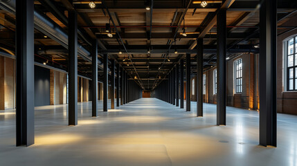 Long, empty corridors of a warehouse with concrete floors and metal beams, ambient lighting...